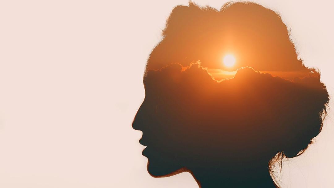 side view of a person's head with a sunset image in it